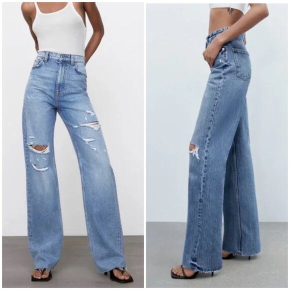 Zara Denim - Zara The 90's Full Length Jeans Size 36 / US 4 Distressed Raw Hem High Rise